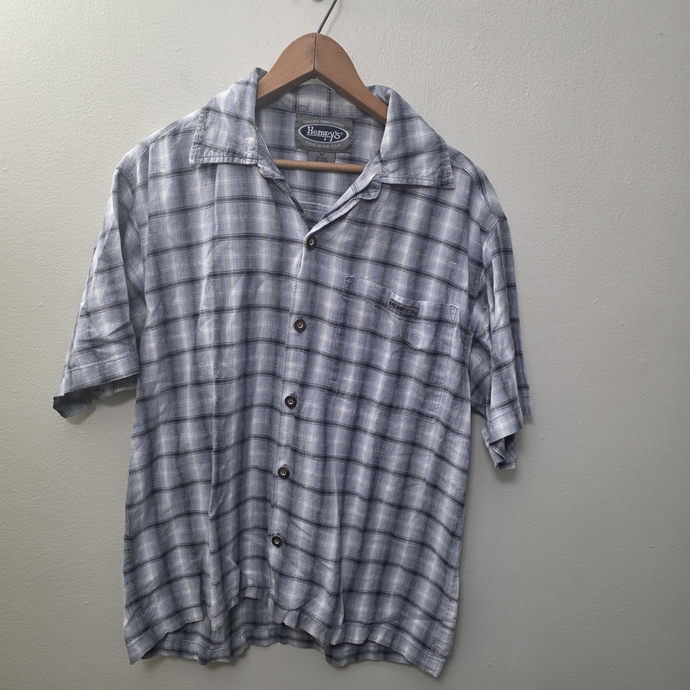 Hempy's Men's Blue Plaid Shirt Short Sleeve Hemp Size Medium
